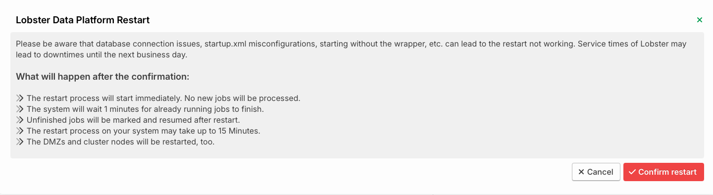 Confirmation dialog before restarting the Lobster Data Platform